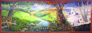 A painting depicting the seasons in southern Ohio. Each season features different animals exploring the wilderness.