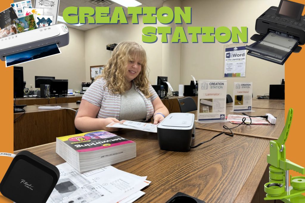 Person using the Library's laminator to laminate directions. There is also a text book next to them.