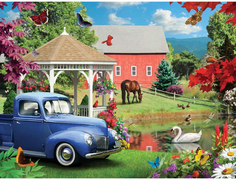 A blue truck is the focal point, with a red barn, white gazebo, and different farm animals in the background.