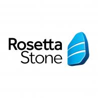 Rosetta Stone Logo. Text: Rosetta Stone. Tall blue rock next to text.