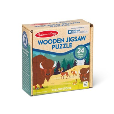 Wooden Jigsaw Puzzle. Yellowstone National Park with cartoon animals.