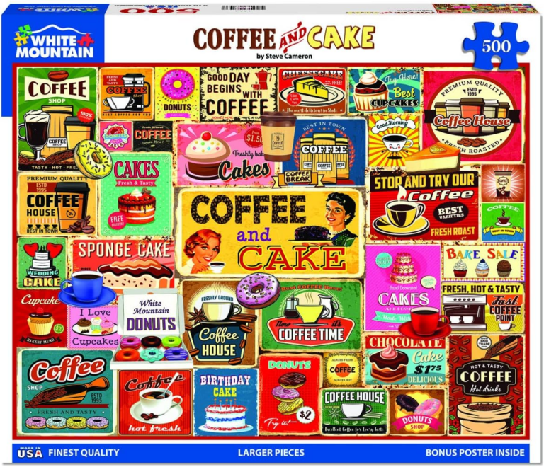 White Mountain Coffee and Cake Puzzle. It includes colorful vintage signs with words like "coffee" and "cake."