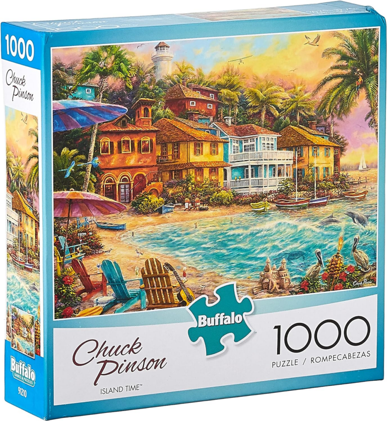 A colorful beach island puzzle with houses facing a sunset. There is a beach in front of the houses with dolphins jumping from the water.