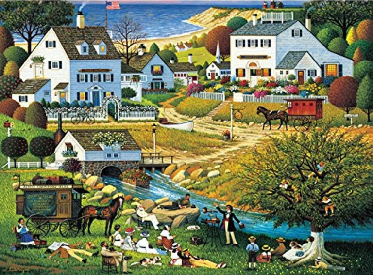 It's a vintage town somewhere on the coast. There are white houses, and a horse pulling a carriage. Many townsfolk seem to be gathered in the park.