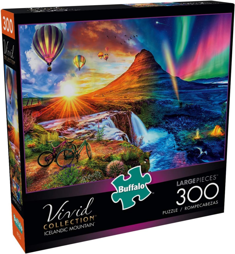 Beautiful Icelandic mountain puzzle with northern lights and floating hot air balloons.