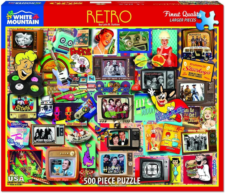 A retro collection of old box tv's toys, games and other popular items in from back in the day. The televisions have popular shows from history like I Love Lucy, Andy Griffin, and Bonanza.