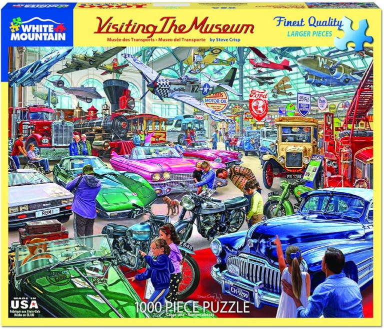 Puzzle with bright, colorful cars and planes in a museum.