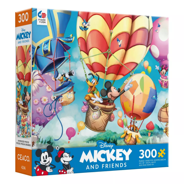 Mickey and friends in hot air balloons floating in the sky