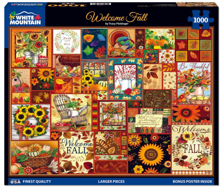 Different collections of fall art with sunflowers and leaves like a collage.