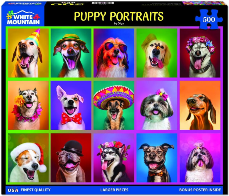 Different types of dogs with accessories and different colored backgrounds.