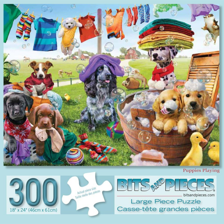 Dogs playing outside with laundry on a chlothes line. There are bubbles across the whole puzzle.