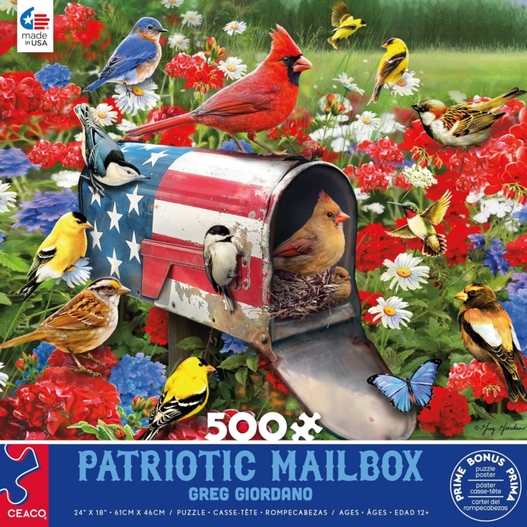 Different types of birds flying around an American flag mailbox.