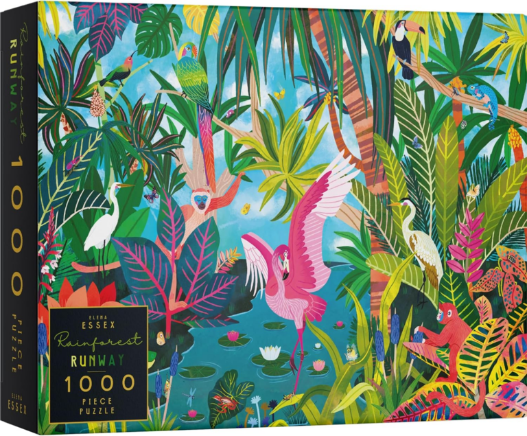 Vibrant and colorful rainforest scenery with different animals and plants.