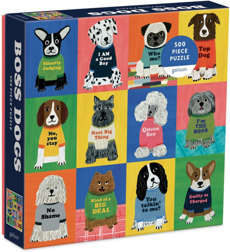 Colorful puzzle with dogs in t-shirts with sayings on them.