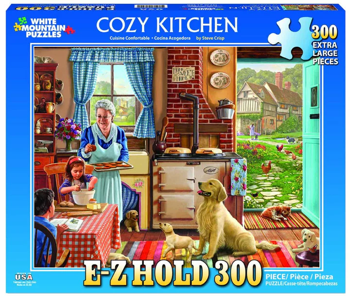 A person baking in a Kitchen with a child and a dog.