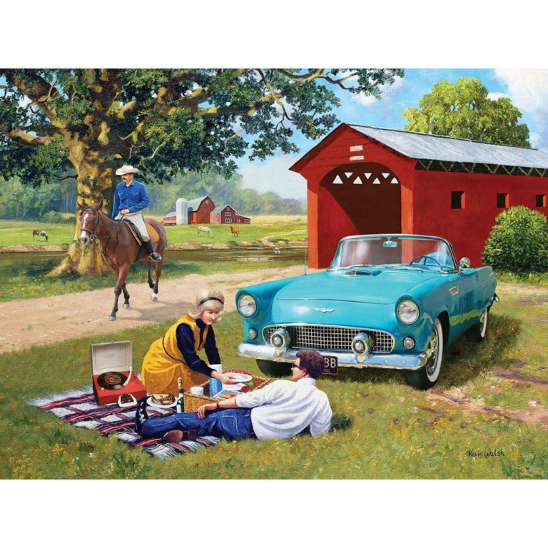 people enjoying a picnic in front of a car.