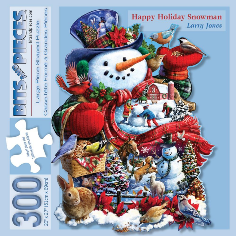 A Snowman shaped puzzle with winter scenery and birds.