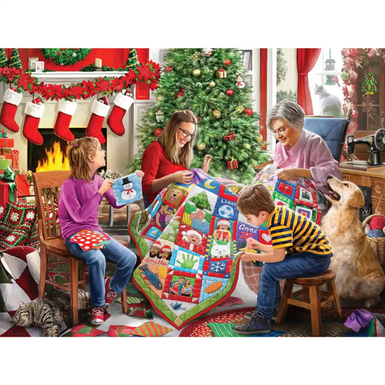 A family is sewing a quilt together at Christmas time.