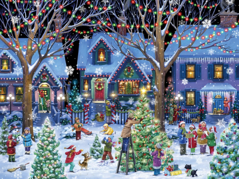 A neighborhood at Christmas time enjoys the snow, decorating, and playing for Christmas.