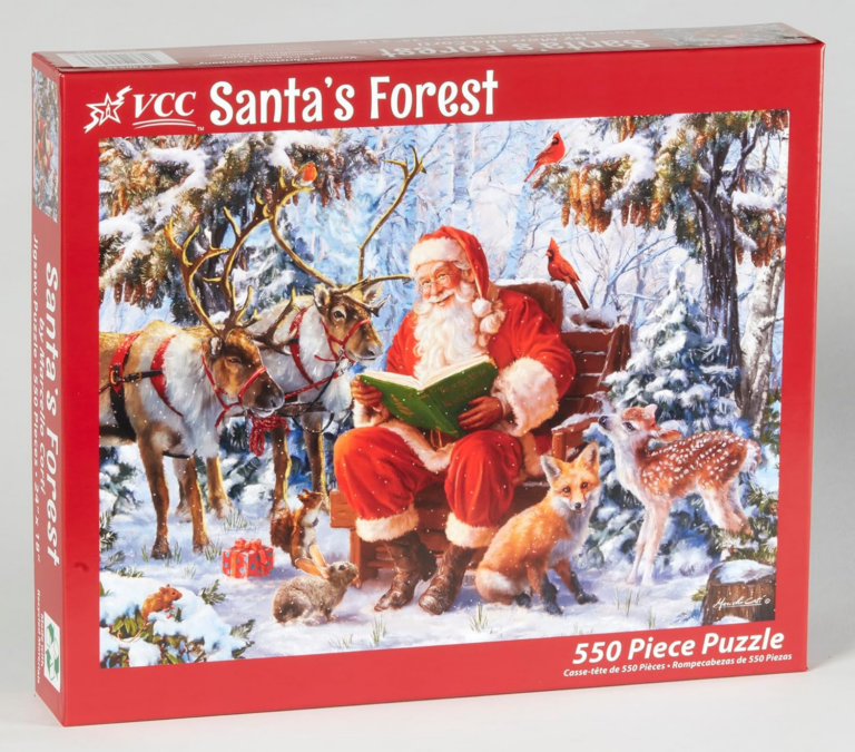 Santa reading a book to forest animals.