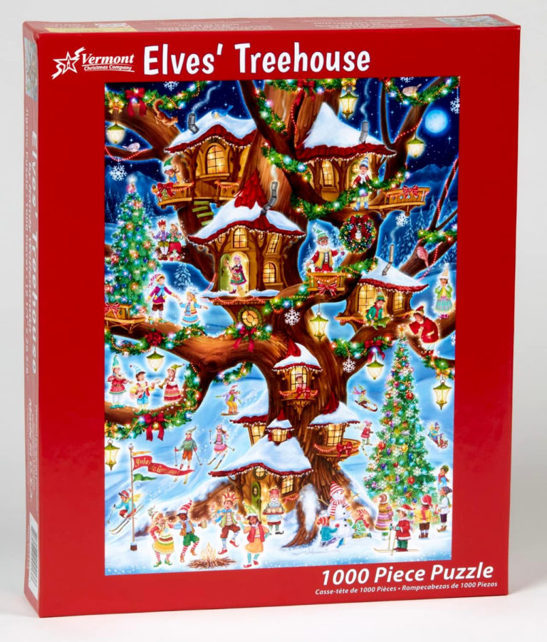 A treehouse with elves and Christmas decorations